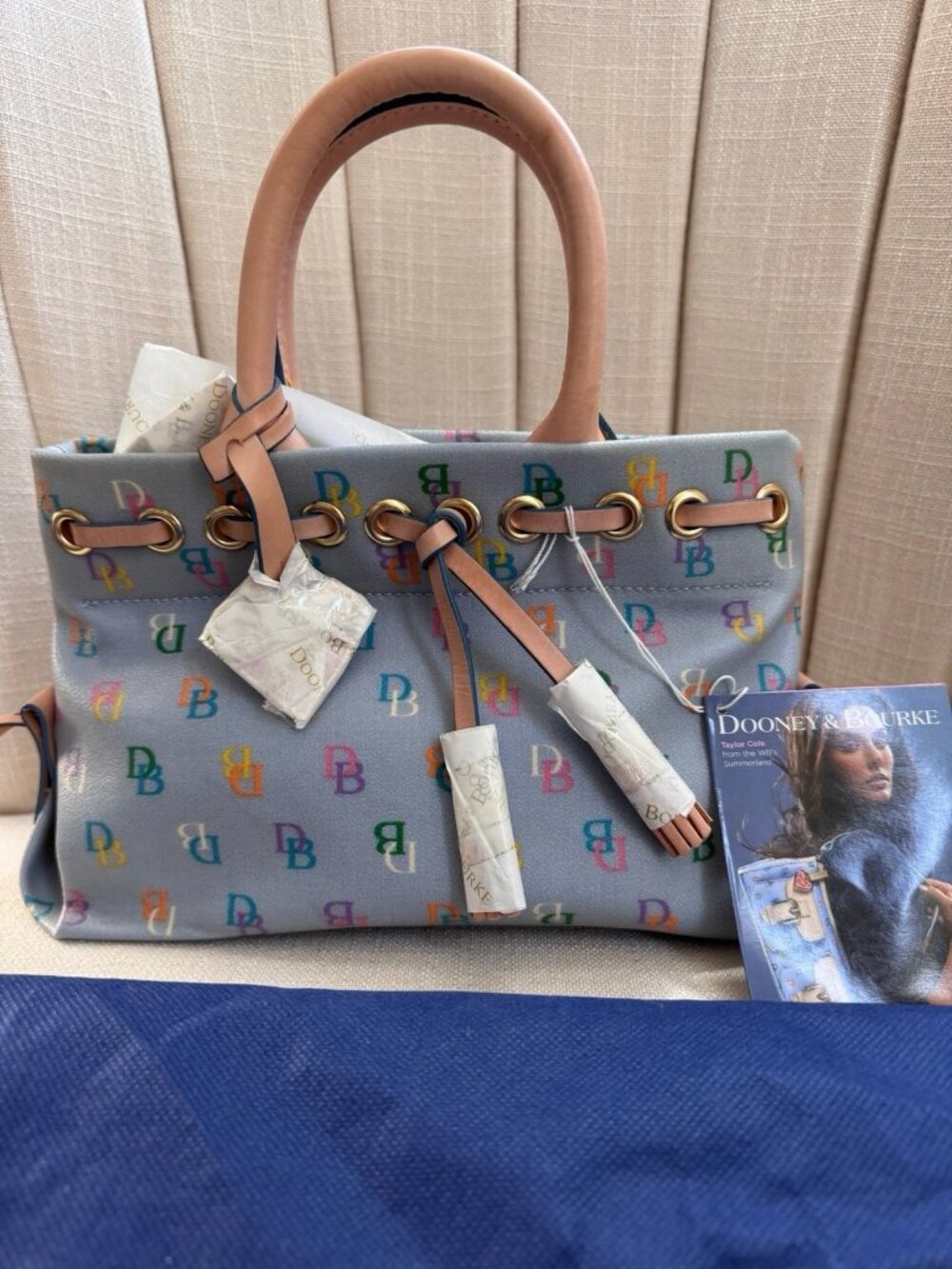 VTG NWT Dooney & Bourke Y2K Blue Rainbow Monogram Satchel Vachetta Leather Trim